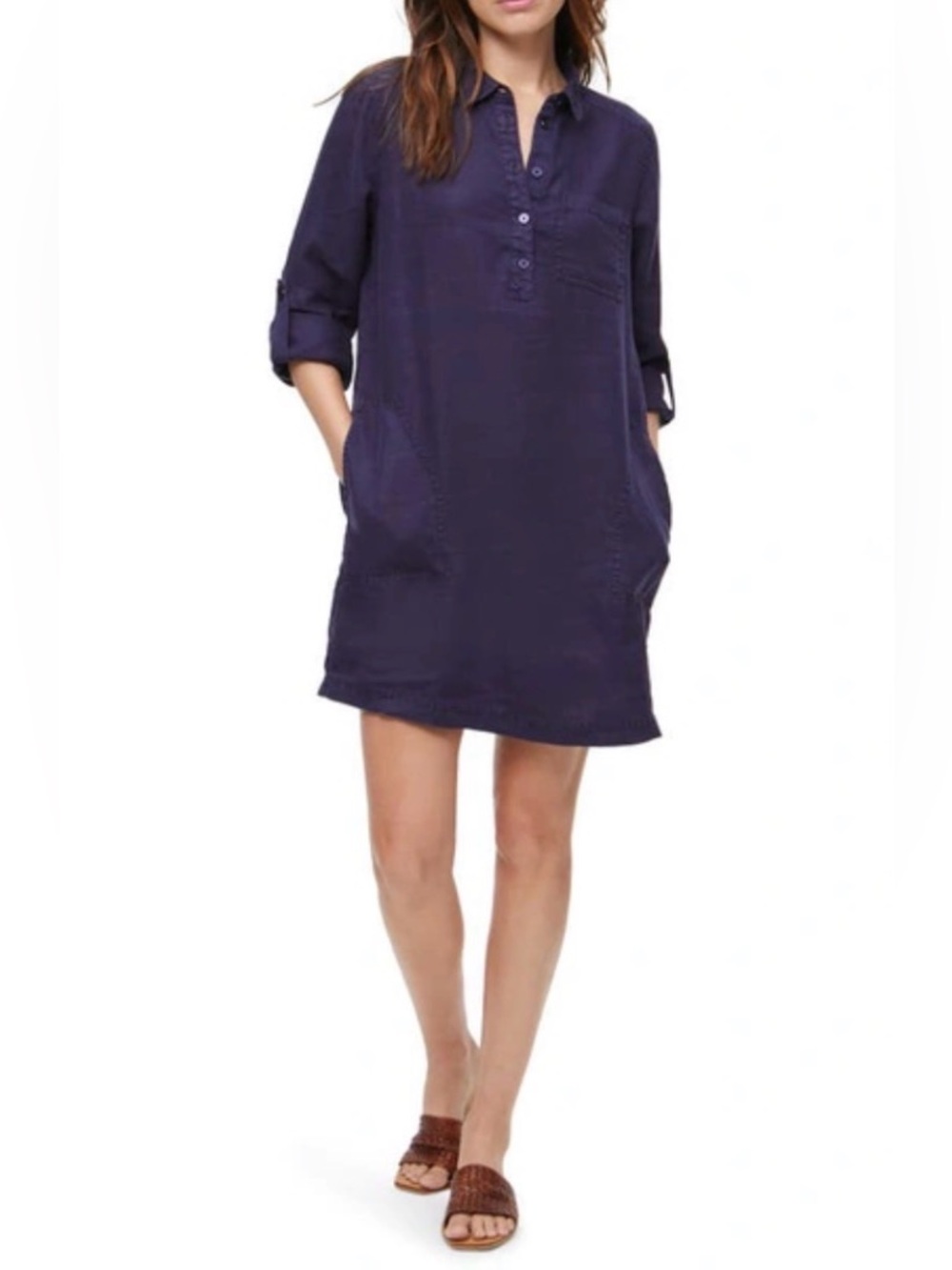 Michael Stars Dark Navy Full Linen Breathable Natural Fiber Button-Up Dress